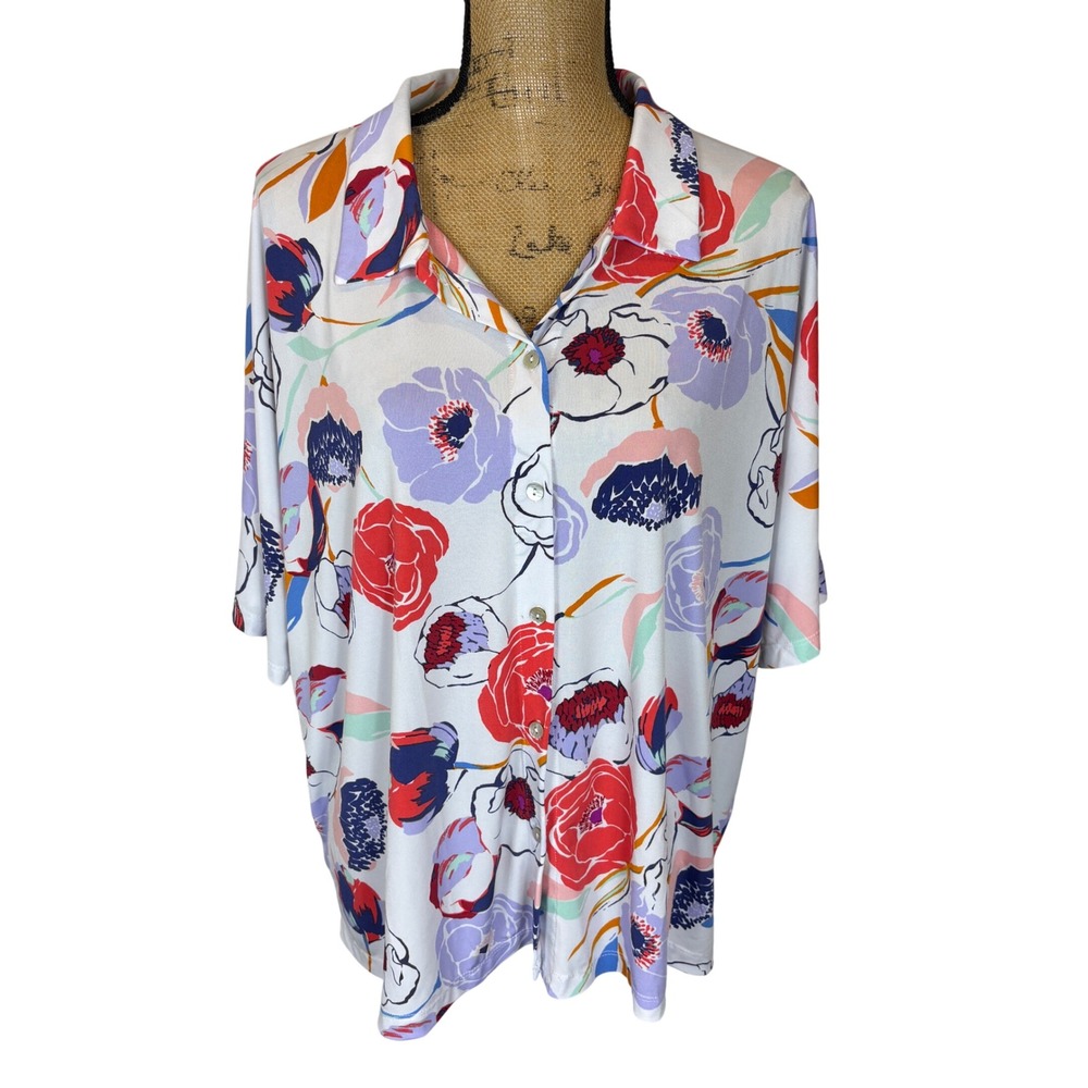 Susan Graver Liquid Knit Short Sleeve Button Up White Multicolor Floral Size XL